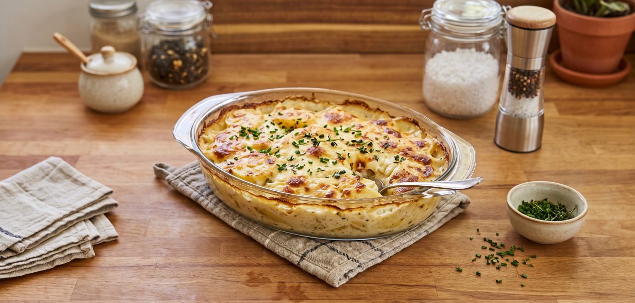 Ein frisch gebackenes, cremiges Kartoffelgratin Rezept in einer ovalen Glasauflaufform auf einem Küchentuch und einer Holztheke, garniert mit frischen Kräutern neben Gewürzmühle und grobem Salz.