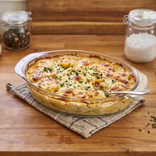 Ein frisch gebackenes, cremiges Kartoffelgratin Rezept in einer ovalen Glasauflaufform auf einem Küchentuch und einer Holztheke, garniert mit frischen Kräutern neben Gewürzmühle und grobem Salz.