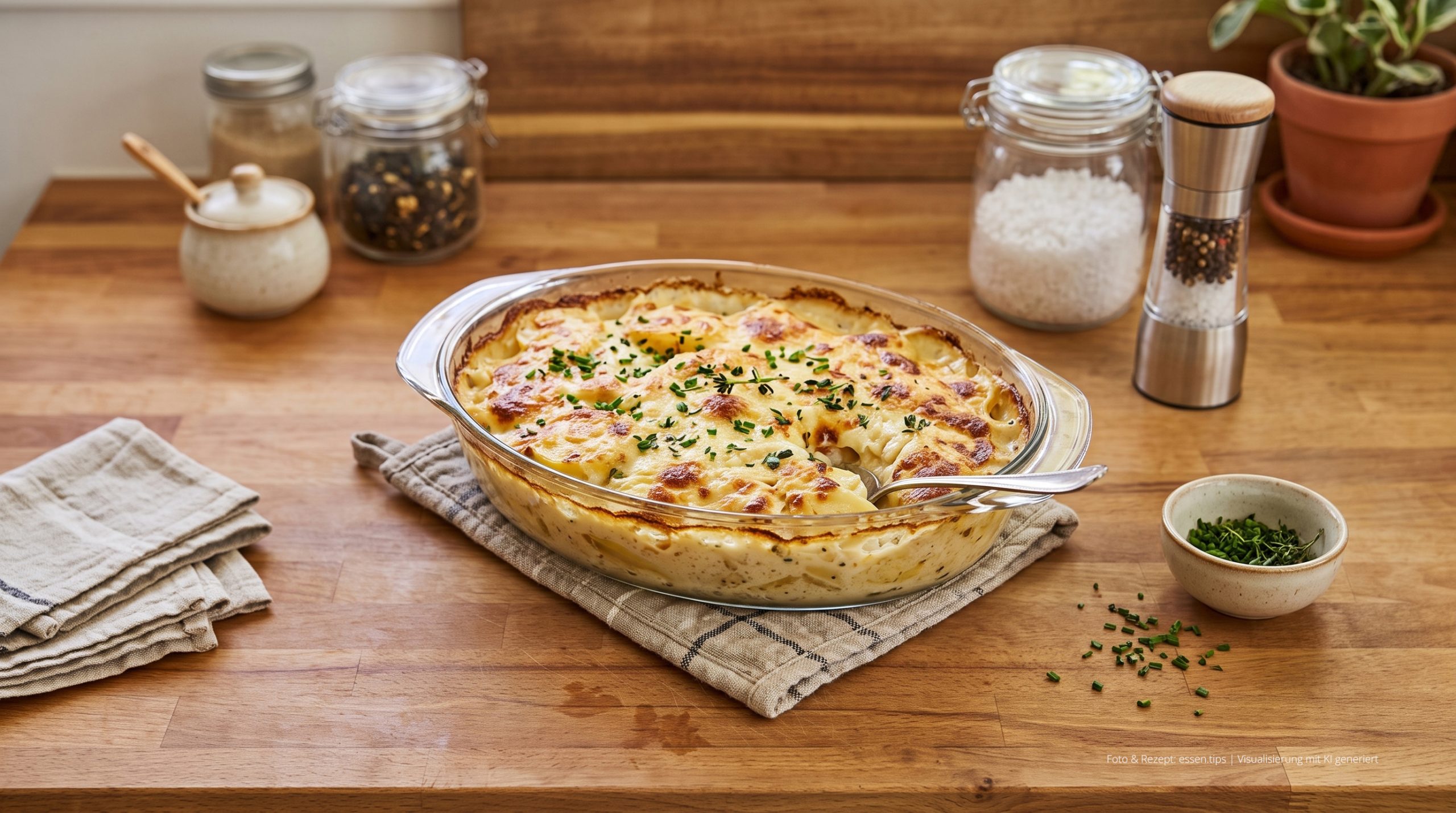Ein frisch gebackenes, cremiges Kartoffelgratin Rezept in einer ovalen Glasauflaufform auf einem Küchentuch und einer Holztheke, garniert mit frischen Kräutern neben Gewürzmühle und grobem Salz.