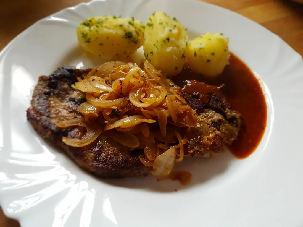 Schweine Kamm mit Zwiebel-Bier-Senf Sauce