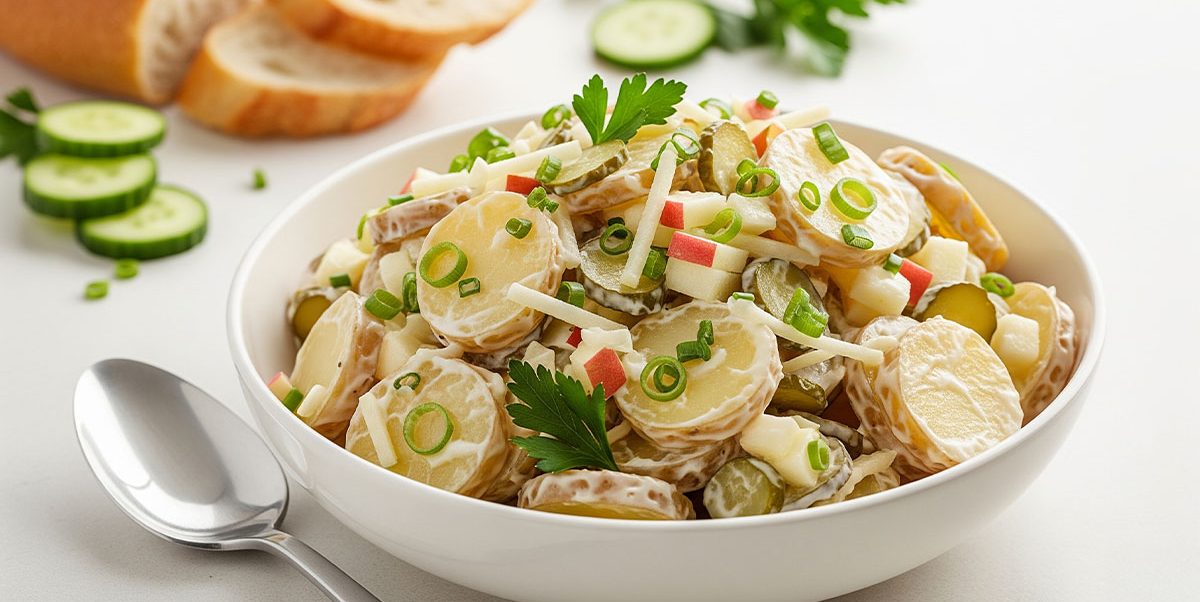 Schüssel Kartoffelsalat mit Mayonnaise, garniert mit Schnittlauch und Petersilie – klassisches Rezept