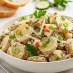 Schüssel Kartoffelsalat mit Mayonnaise, garniert mit Schnittlauch und Petersilie – klassisches Rezept