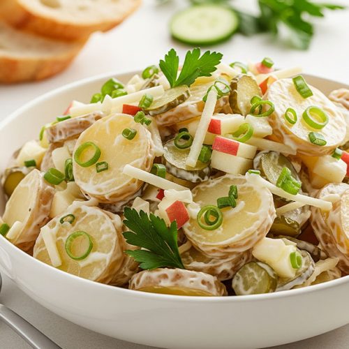 Schüssel Kartoffelsalat mit Mayonnaise, garniert mit Schnittlauch und Petersilie – klassisches Rezept