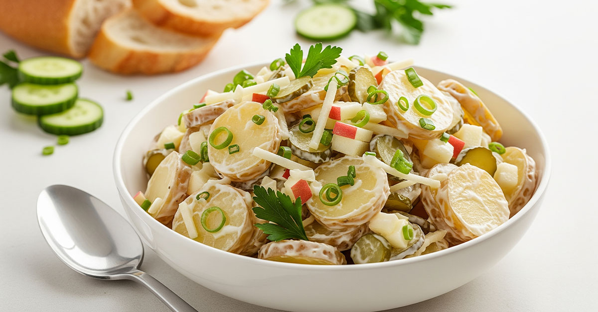 Schüssel Kartoffelsalat mit Mayonnaise, garniert mit Schnittlauch und Petersilie – klassisches Rezept