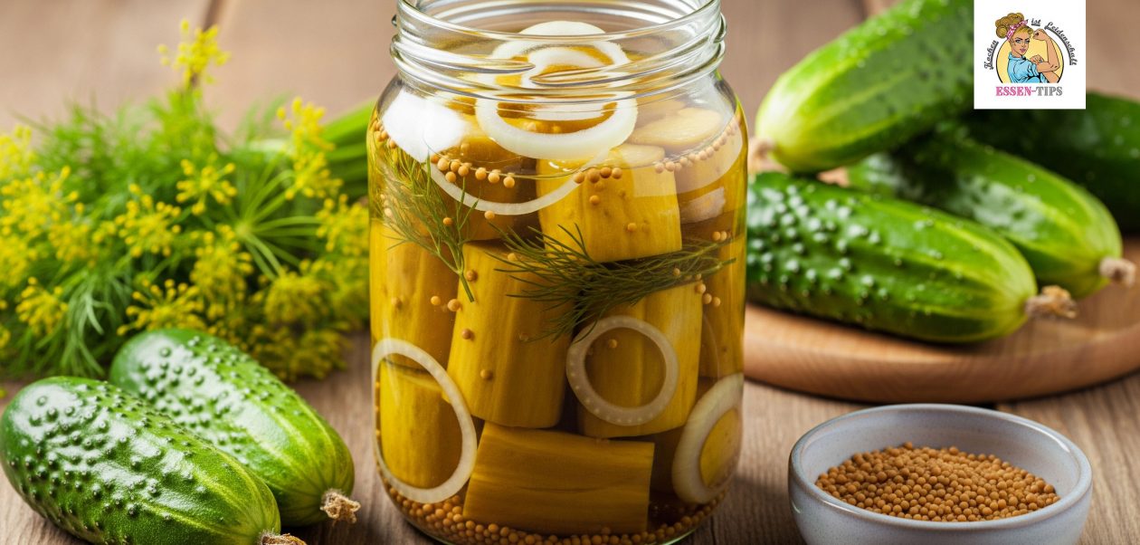 Glas mit süß-sauer eingelegten Senfgurken-Stücken mit Senfkörnern, Zwiebelringen und frischem Dill auf rustikalem Holztisch