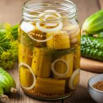 Glas mit süß-sauer eingelegten Senfgurken-Stücken mit Senfkörnern, Zwiebelringen und frischem Dill auf rustikalem Holztisch