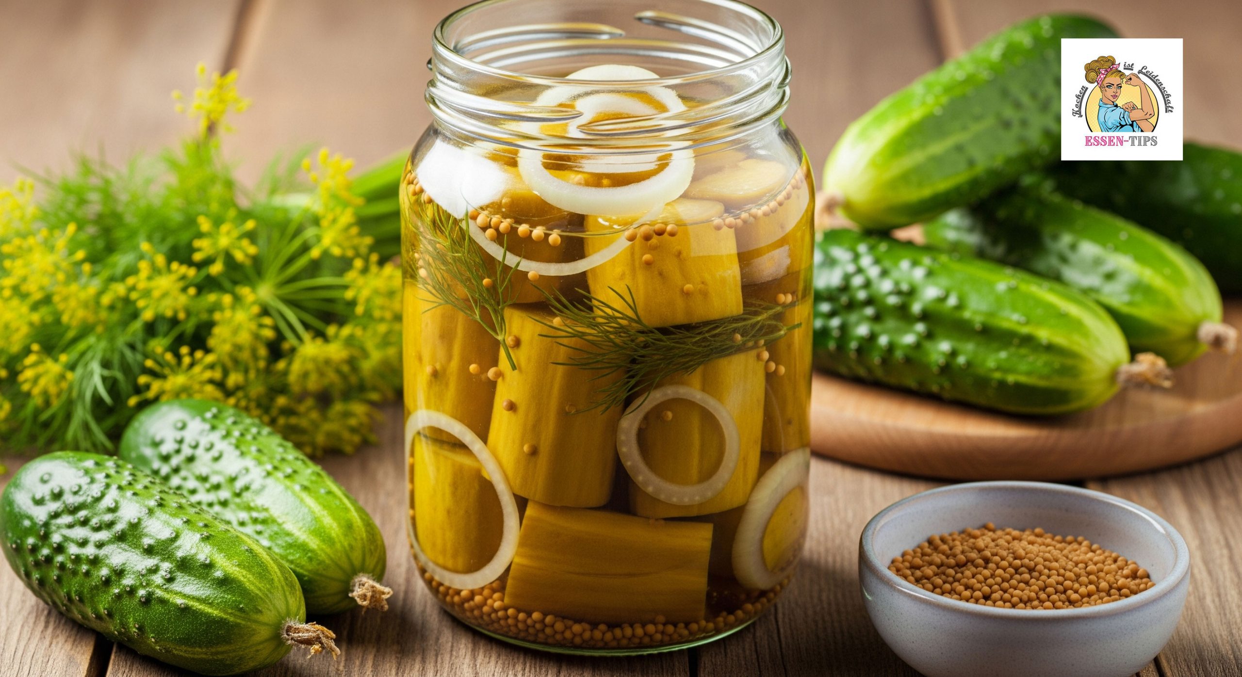 Glas mit süß-sauer eingelegten Senfgurken-Stücken mit Senfkörnern, Zwiebelringen und frischem Dill auf rustikalem Holztisch