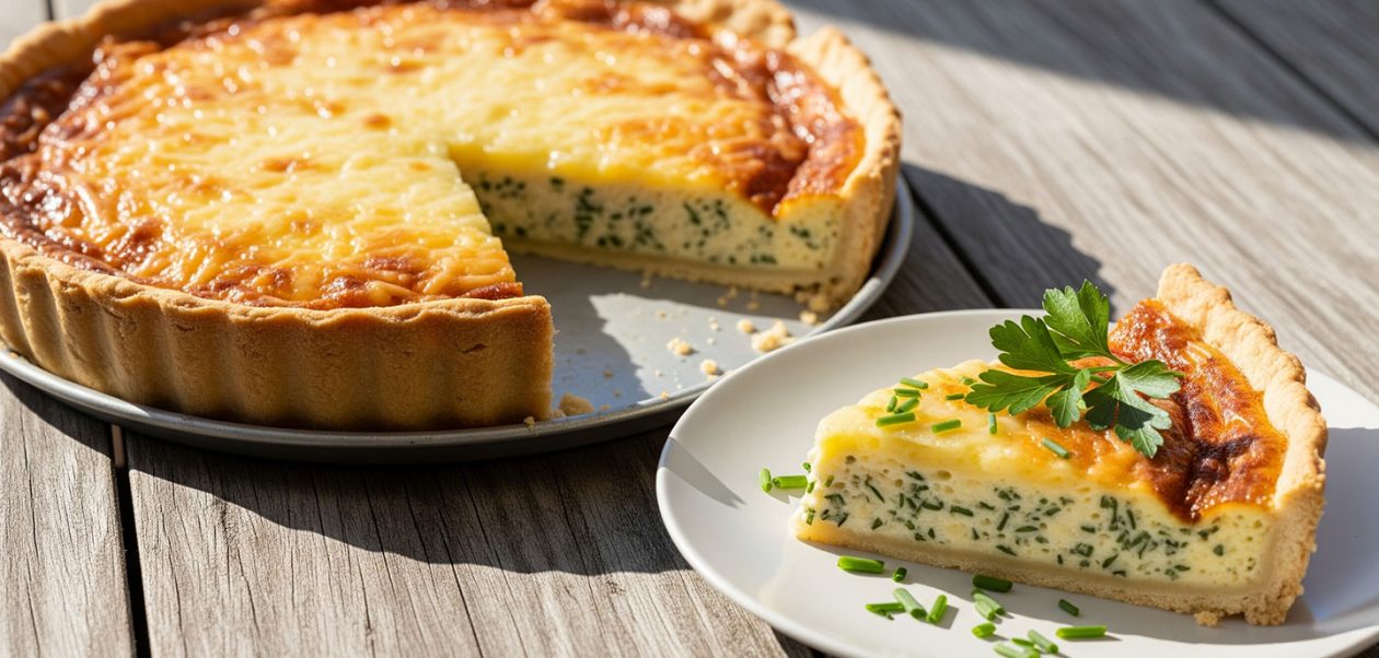 Frisch gebackene Käse-Quiche mit goldbrauner Käsefüllung, ein Stück auf Teller angerichtet – Käse-Wähe Rezept