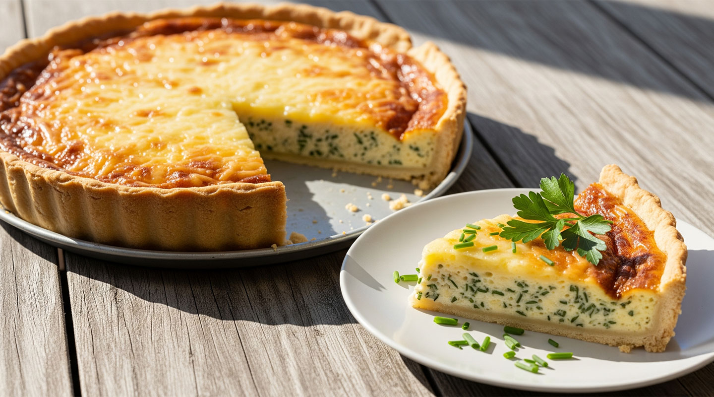 Frisch gebackene Käse-Quiche mit goldbrauner Käsefüllung, ein Stück auf Teller angerichtet – Käse-Wähe Rezept