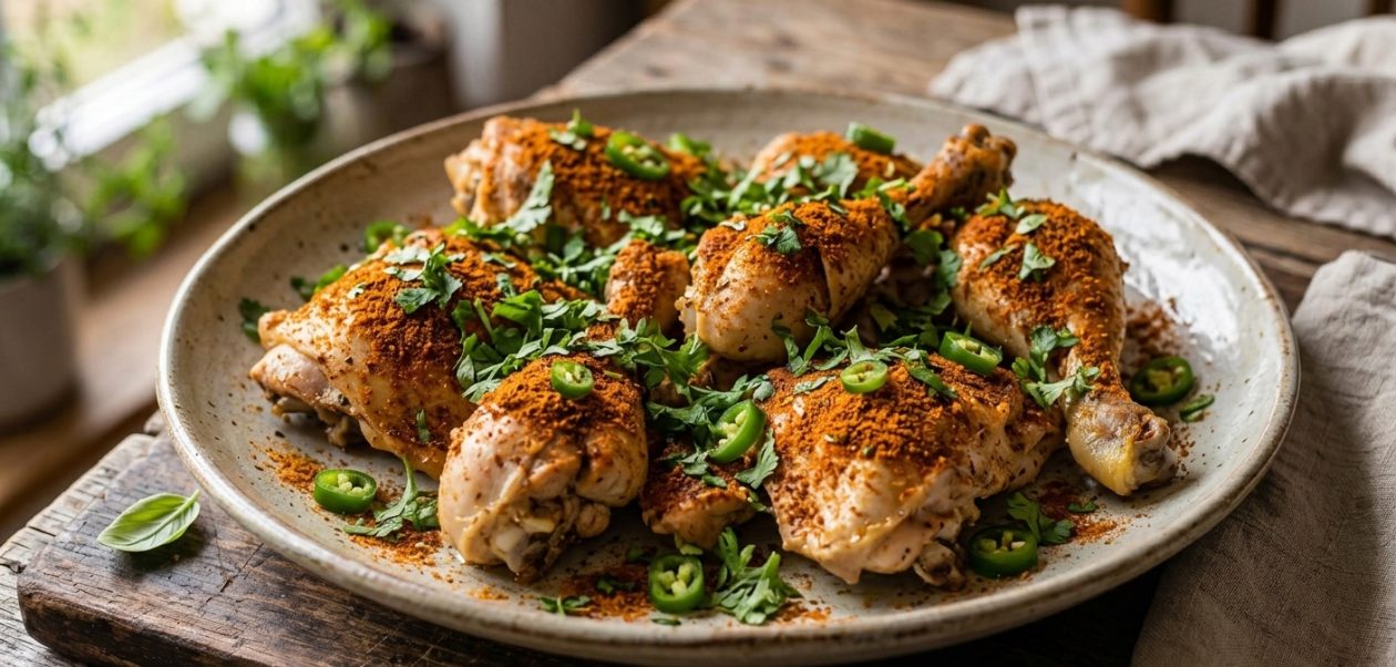Zart gedämpftes Balochi Steam Chicken mariniert in Joghurt und Gewürzen, garniert mit frischen Chilis und Koriander