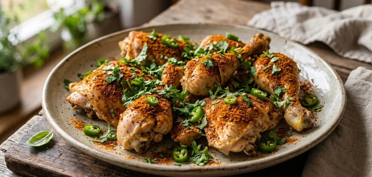 Zart gedämpftes Balochi Steam Chicken mariniert in Joghurt und Gewürzen, garniert mit frischen Chilis und Koriander