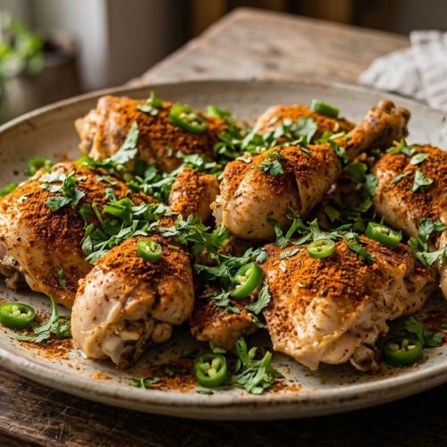 Zart gedämpftes Balochi Steam Chicken mariniert in Joghurt und Gewürzen, garniert mit frischen Chilis und Koriander