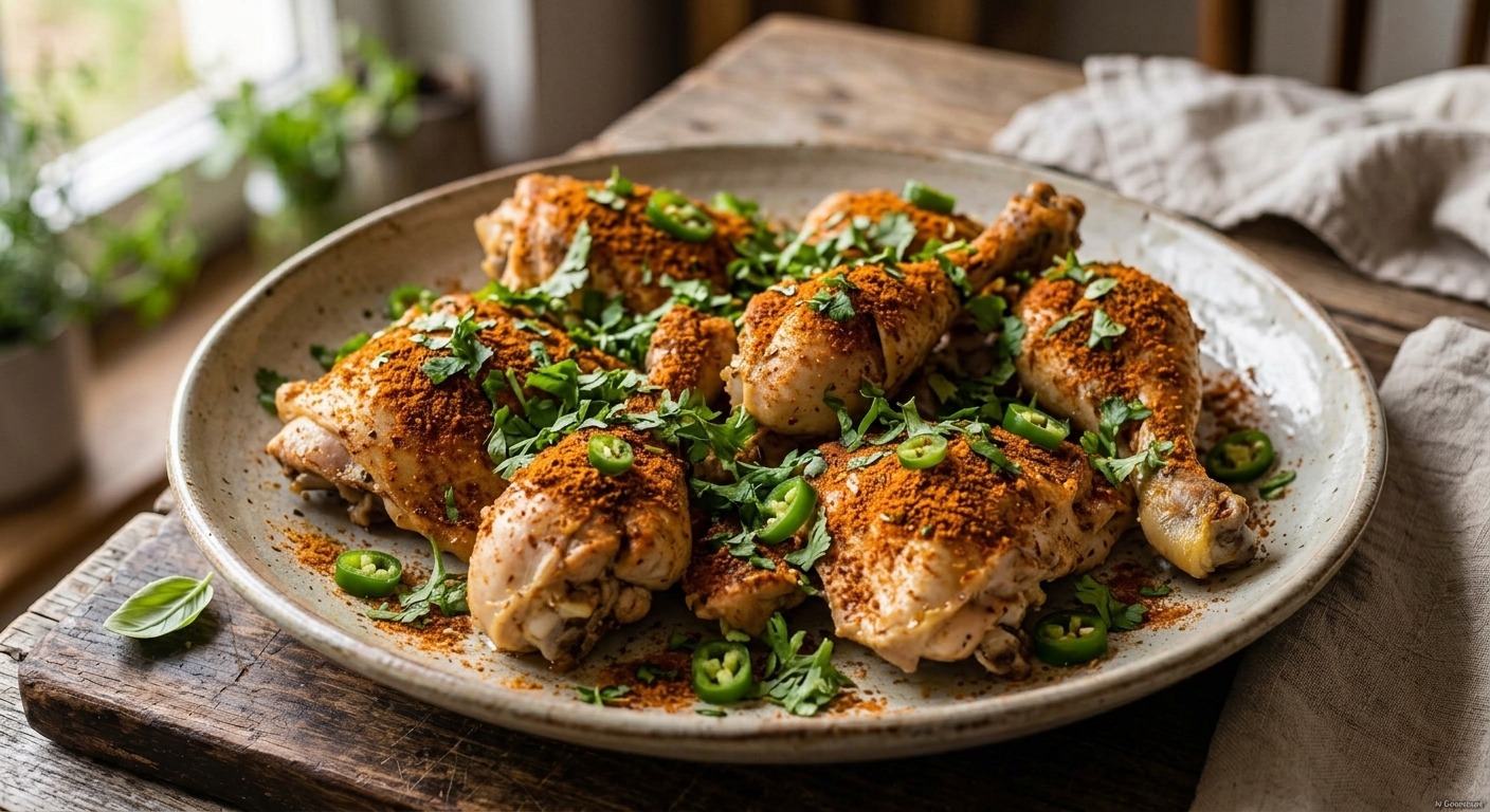 Zart gedämpftes Balochi Steam Chicken mariniert in Joghurt und Gewürzen, garniert mit frischen Chilis und Koriander