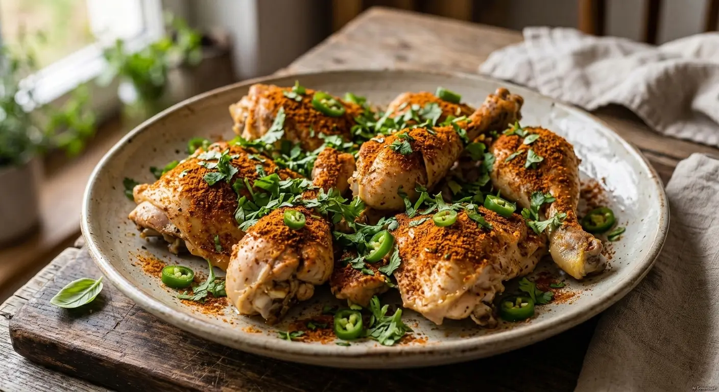 Zart gedämpftes Balochi Steam Chicken mariniert in Joghurt und Gewürzen, garniert mit frischen Chilis und Koriander