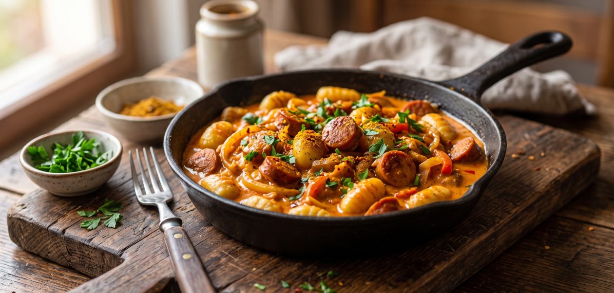 Frische, cremige Currywurst-Gnocchi-Pfanne serviert in einer rustikalen Gusseisenpfanne auf einem Holzbrett.