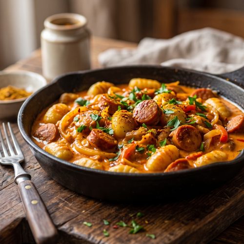 Frische, cremige Currywurst-Gnocchi-Pfanne serviert in einer rustikalen Gusseisenpfanne auf einem Holzbrett.