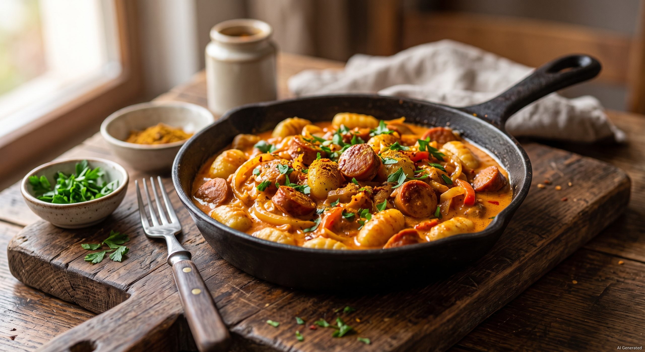 Frische, cremige Currywurst-Gnocchi-Pfanne serviert in einer rustikalen Gusseisenpfanne auf einem Holzbrett.
