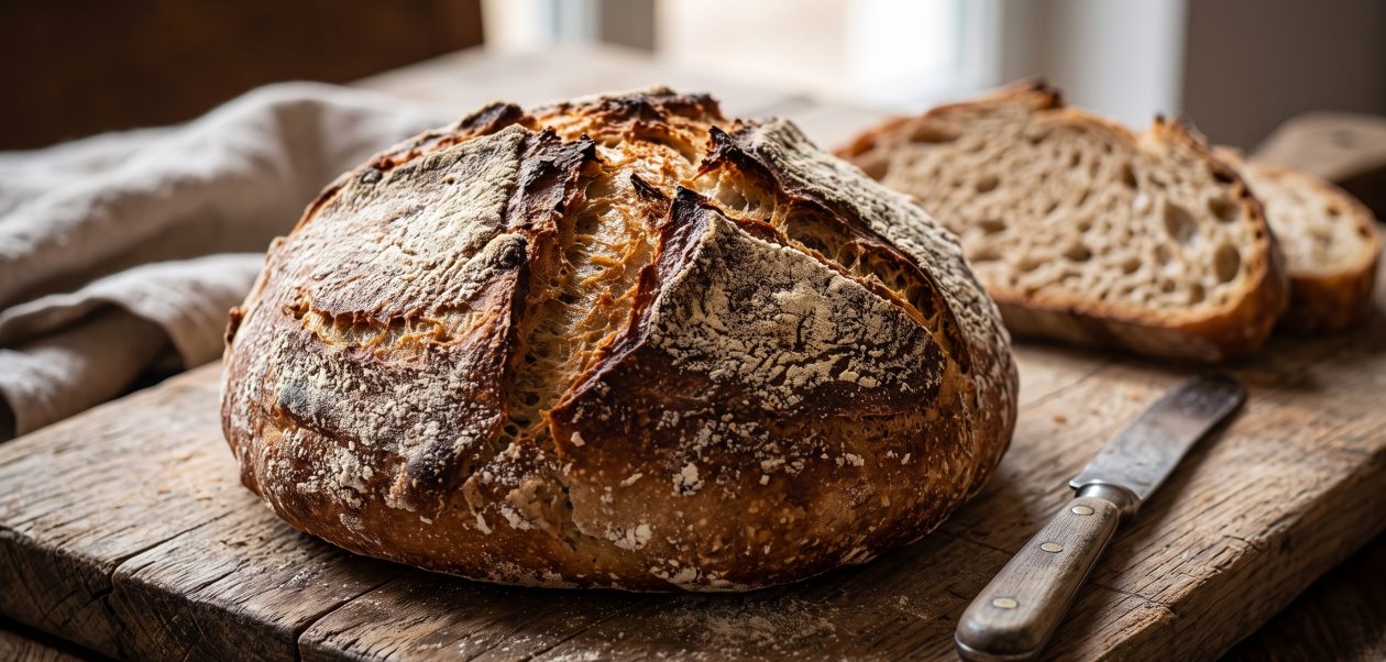 Ein Dinkel-Sauerteigbrot mit grober Porung und knuspriger Kruste auf einem rustikalen Untergrund.