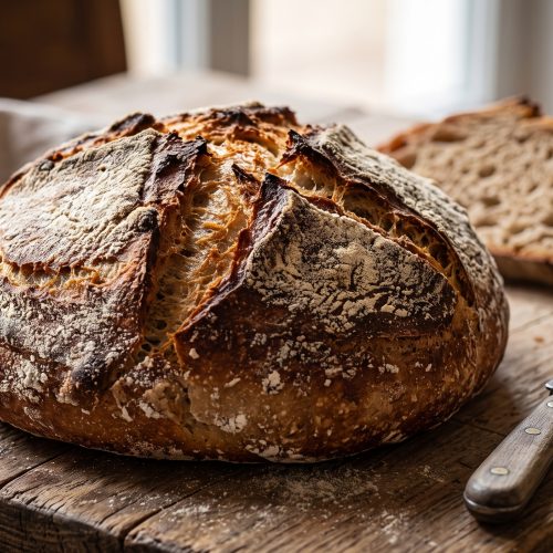 Ein Dinkel-Sauerteigbrot mit grober Porung und knuspriger Kruste auf einem rustikalen Untergrund.