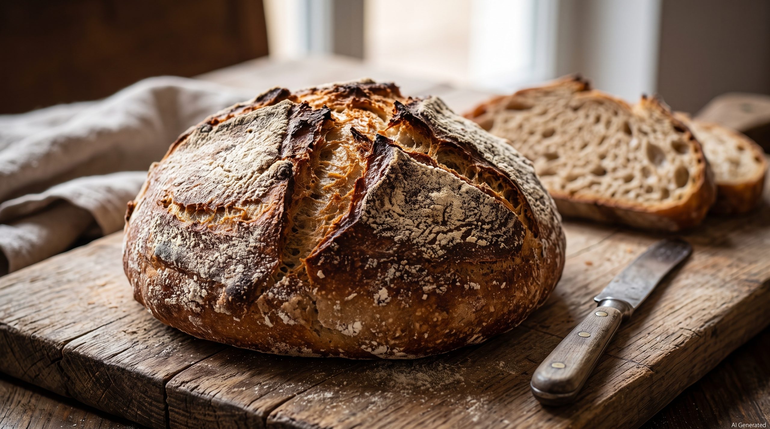 Ein Dinkel-Sauerteigbrot mit grober Porung und knuspriger Kruste auf einem rustikalen Untergrund.