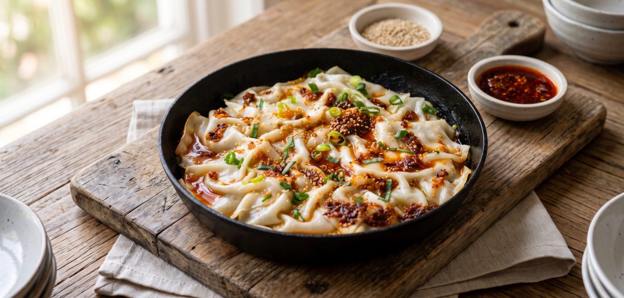 Dumpling Lasagne in einer schwarzen Gusseisenpfanne, garniert mit Chili-Crisp-Öl, Sesam und Frühlingszwiebeln auf einem Holzbrett.
