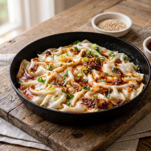 Dumpling Lasagne in einer schwarzen Gusseisenpfanne, garniert mit Chili-Crisp-Öl, Sesam und Frühlingszwiebeln auf einem Holzbrett.