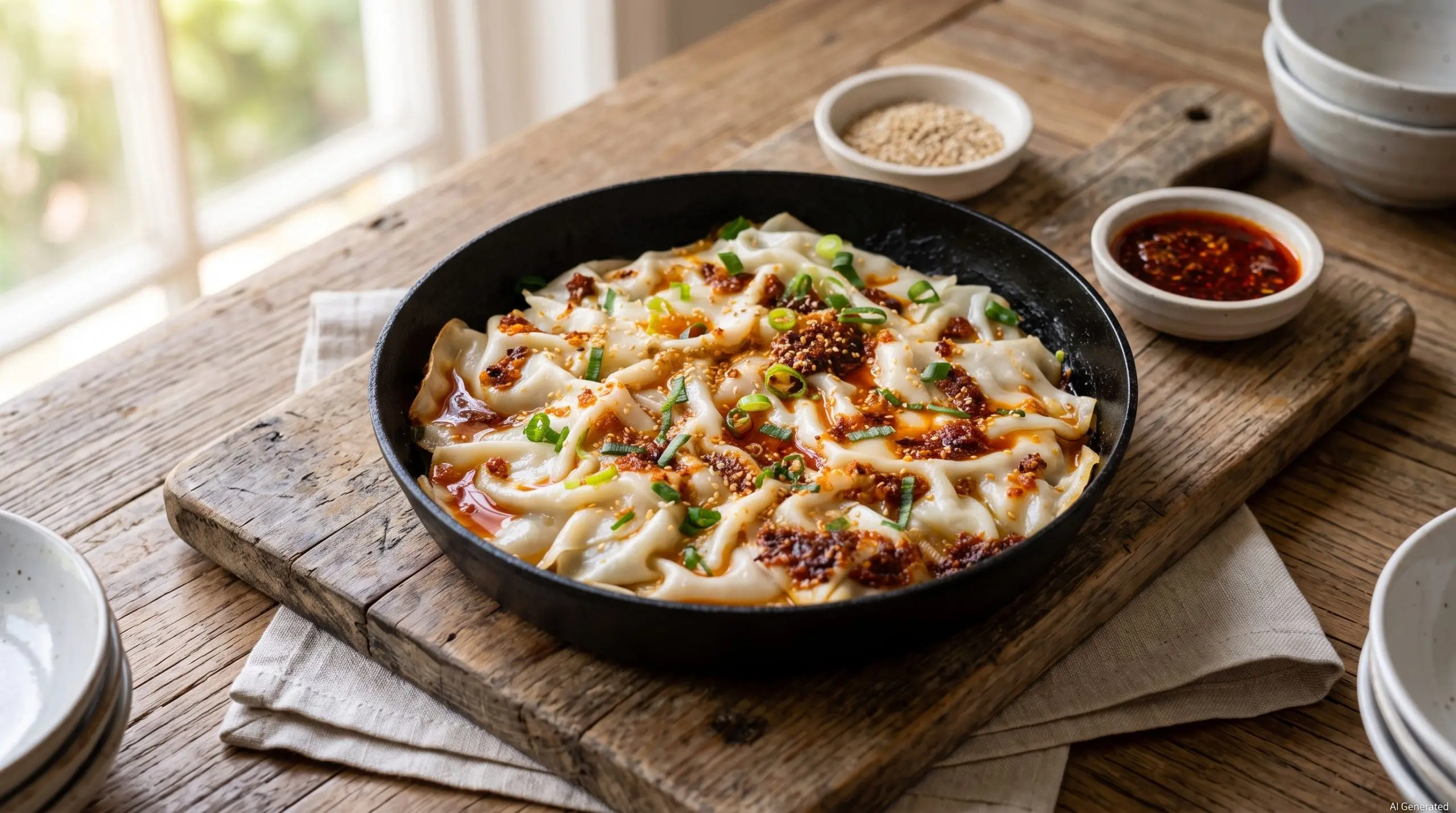 Dumpling Lasagne in einer schwarzen Gusseisenpfanne, garniert mit Chili-Crisp-Öl, Sesam und Frühlingszwiebeln auf einem Holzbrett.
