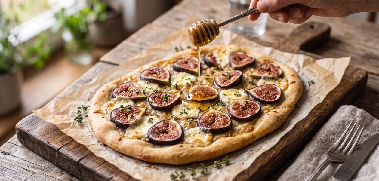 Knuspriger Feigen-Ziegenkäse-Flammkuchen mit frischen Feigenscheiben, Ziegenkäse-Rollen und Thymian-Honig auf Backpapier.