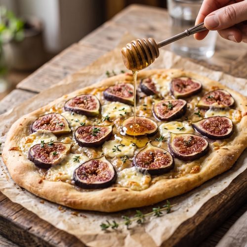 Knuspriger Feigen-Ziegenkäse-Flammkuchen mit frischen Feigenscheiben, Ziegenkäse-Rollen und Thymian-Honig auf Backpapier.