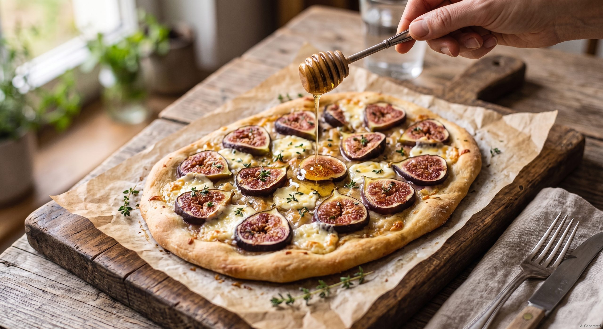 Knuspriger Feigen-Ziegenkäse-Flammkuchen mit frischen Feigenscheiben, Ziegenkäse-Rollen und Thymian-Honig auf Backpapier.