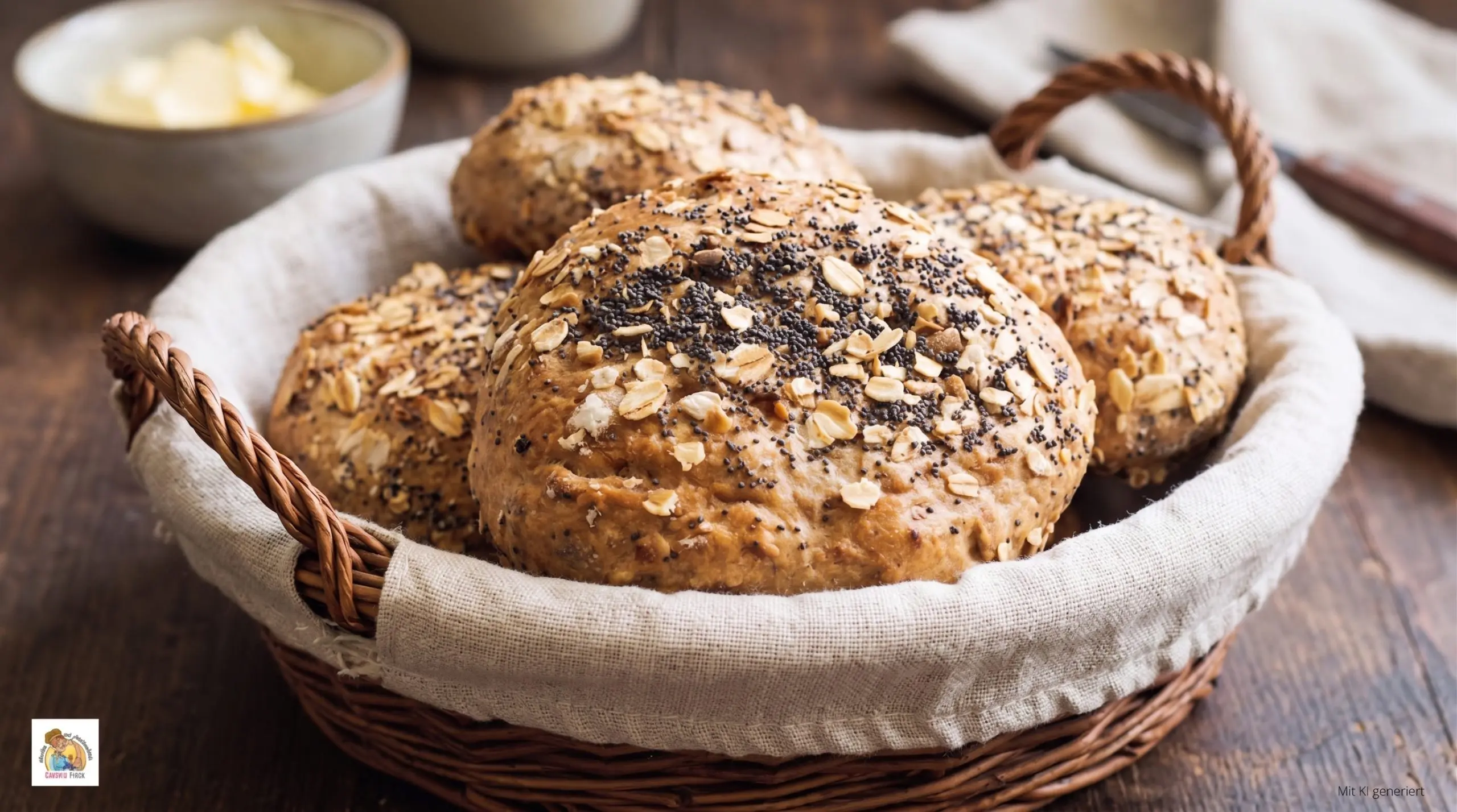 Goldbraun ausgebackene Haferflockenbrötchen mit Mohn und Haferflocken-Topping, serviert in einem geflochtenen Brotkorb mit Leinentuch.