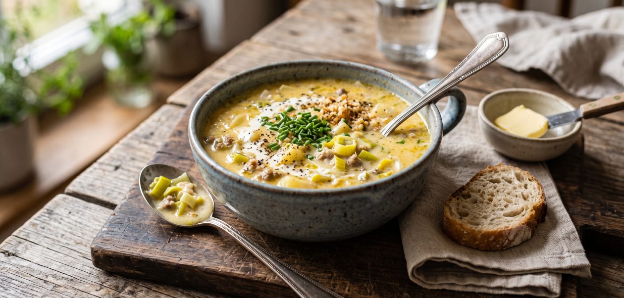 Eine Schüssel cremige Käse-Lauch-Suppe mit gebratenem Hackfleisch und grünen Lauchringen auf einem Holztisch.