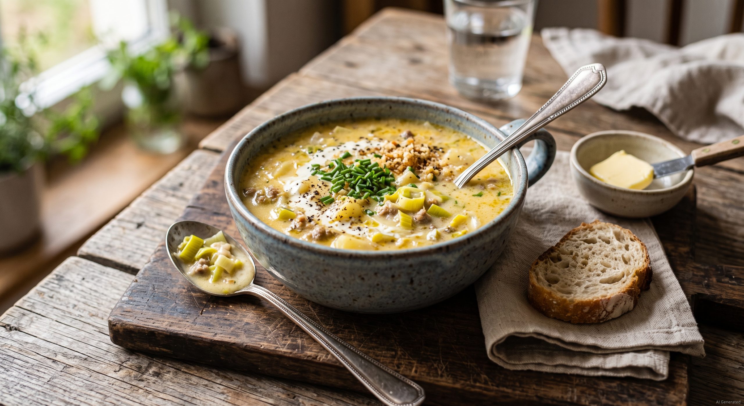 Eine Schüssel cremige Käse-Lauch-Suppe mit gebratenem Hackfleisch und grünen Lauchringen auf einem Holztisch.
