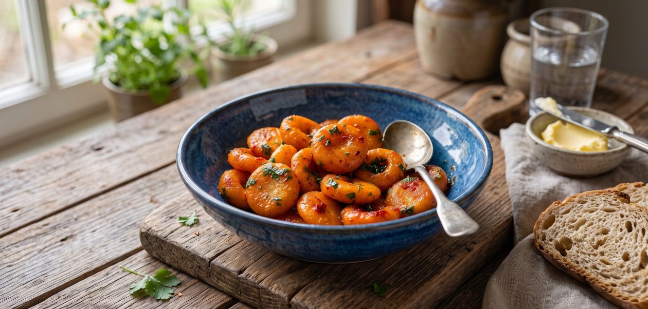 Carrot Buttons: Eine professionelle Food-Fotografie einer Schüssel voller würziger, karamellisierter Möhren-Knödel, angerichtet in einer rustikalen blauen Keramikschale auf einem verwitterten Holztisch, im Stil eines Magazincovers.