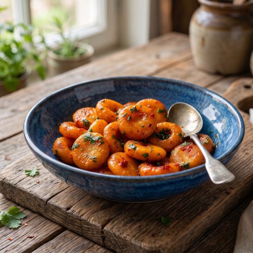 Carrot Buttons: Eine professionelle Food-Fotografie einer Schüssel voller würziger, karamellisierter Möhren-Knödel, angerichtet in einer rustikalen blauen Keramikschale auf einem verwitterten Holztisch, im Stil eines Magazincovers.