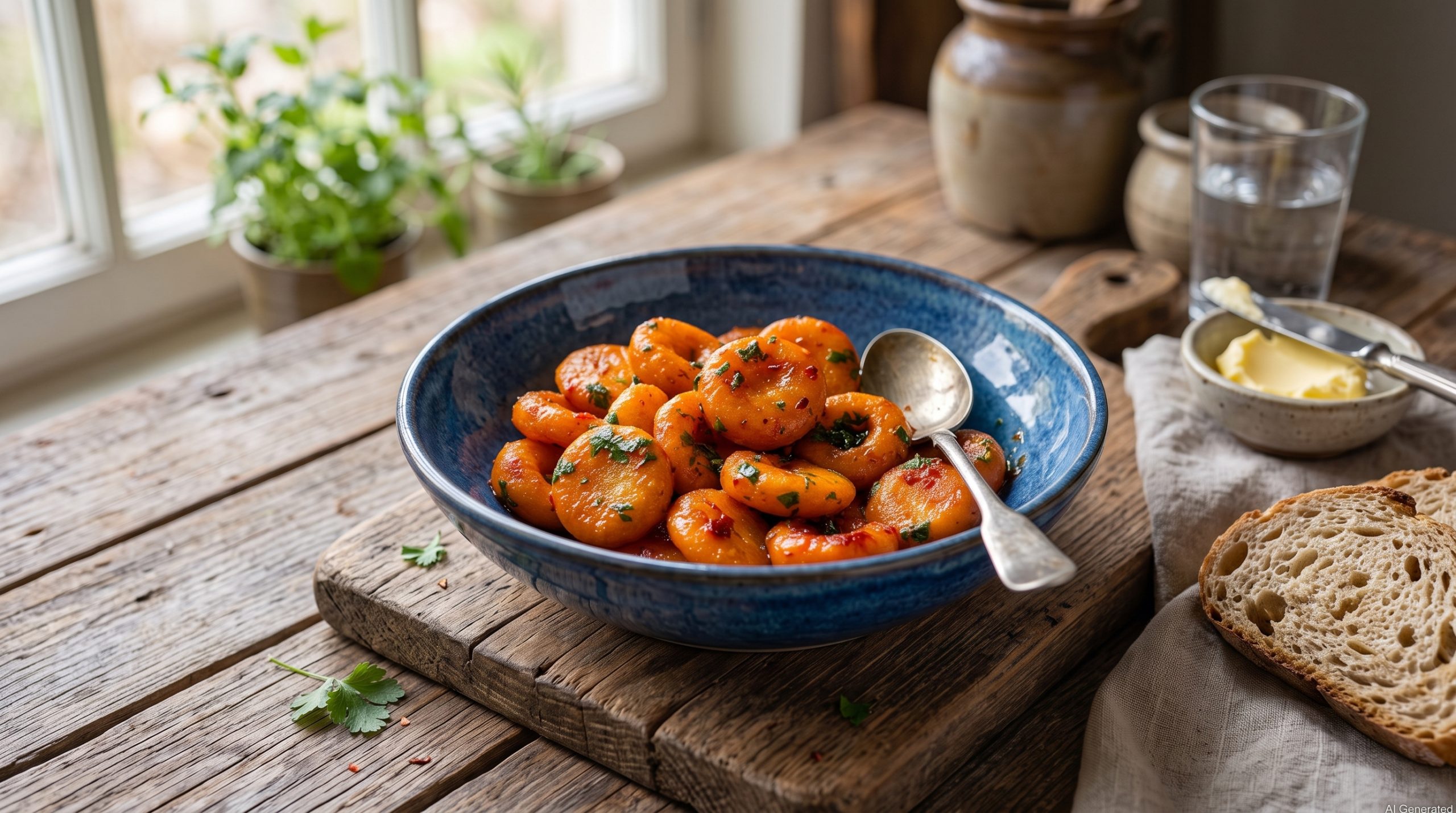 Carrot Buttons: Eine professionelle Food-Fotografie einer Schüssel voller würziger, karamellisierter Möhren-Knödel, angerichtet in einer rustikalen blauen Keramikschale auf einem verwitterten Holztisch, im Stil eines Magazincovers.