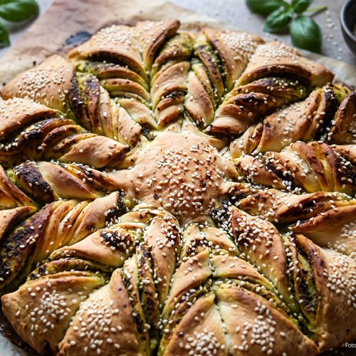 Frisch gebackener, goldbrauner Brotstern mit grünem Pesto und Sesam auf Backpapier, serviert mit frischem Basilikum.