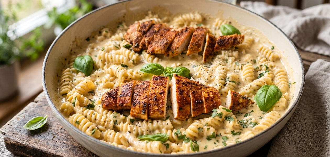Pfanne mit cremiger Chicken Garlic Parmesan Pasta, garniert mit frischer Petersilie und Parmesan.