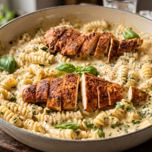 Pfanne mit cremiger Chicken Garlic Parmesan Pasta, garniert mit frischer Petersilie und Parmesan.