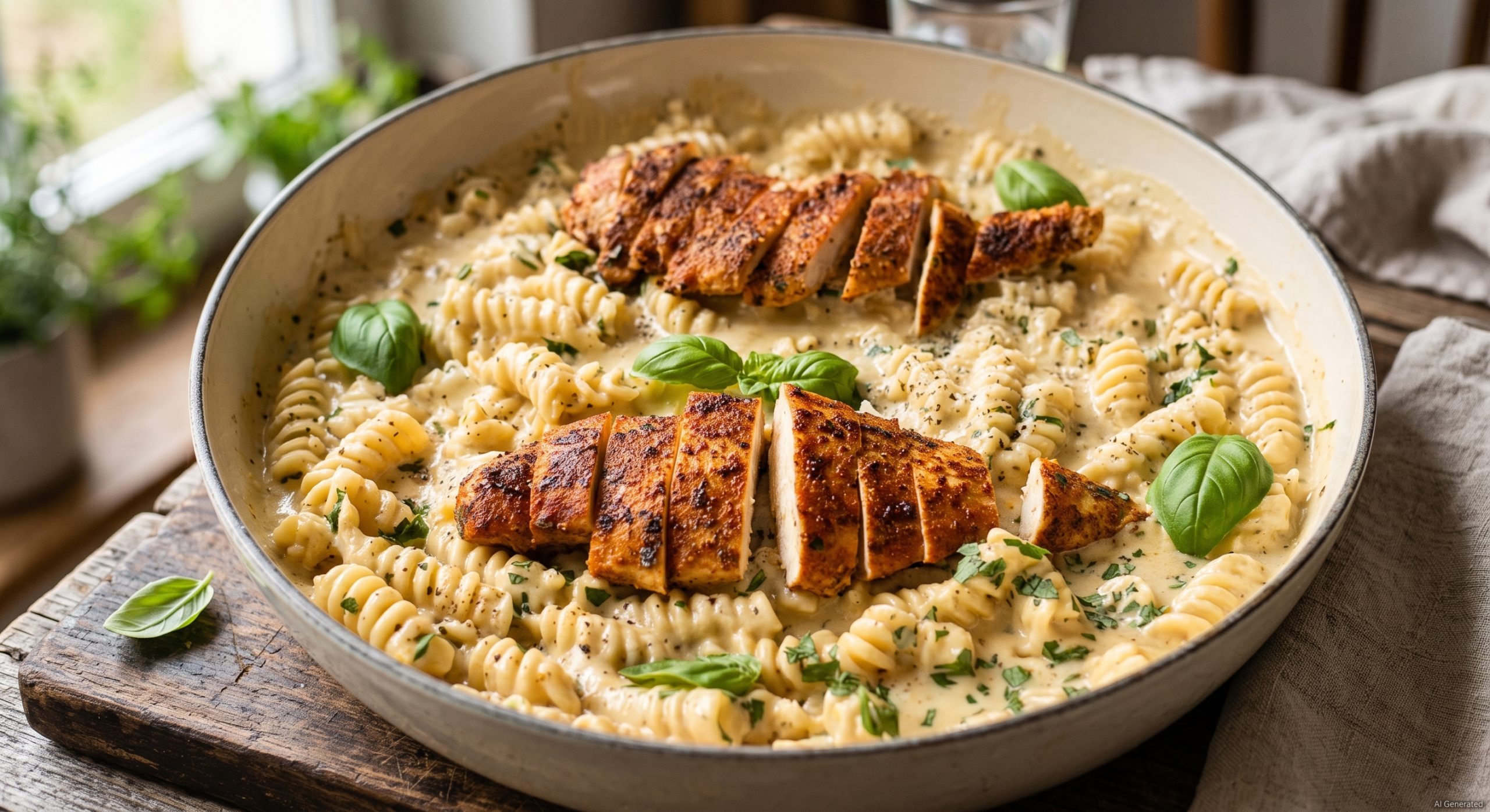 Pfanne mit cremiger Chicken Garlic Parmesan Pasta, garniert mit frischer Petersilie und Parmesan.