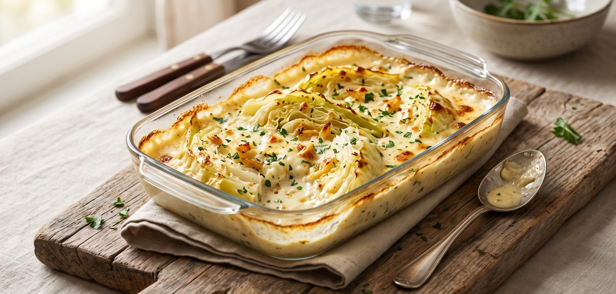 Gebackene Garlic Butter Spitzkohl Viertel in einer glänzenden Garlic Butter Sauce mit Frischkäse und Kräutern.