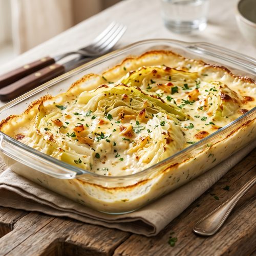 Gebackene Garlic Butter Spitzkohl Viertel in einer glänzenden Garlic Butter Sauce mit Frischkäse und Kräutern.