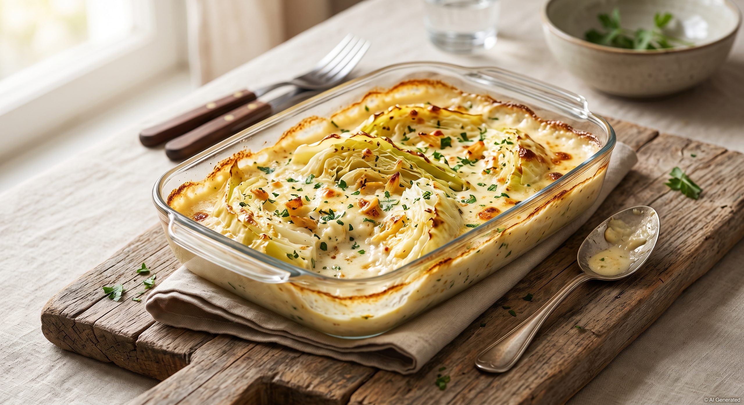 Gebackene Garlic Butter Spitzkohl Viertel in einer glänzenden Garlic Butter Sauce mit Frischkäse und Kräutern.