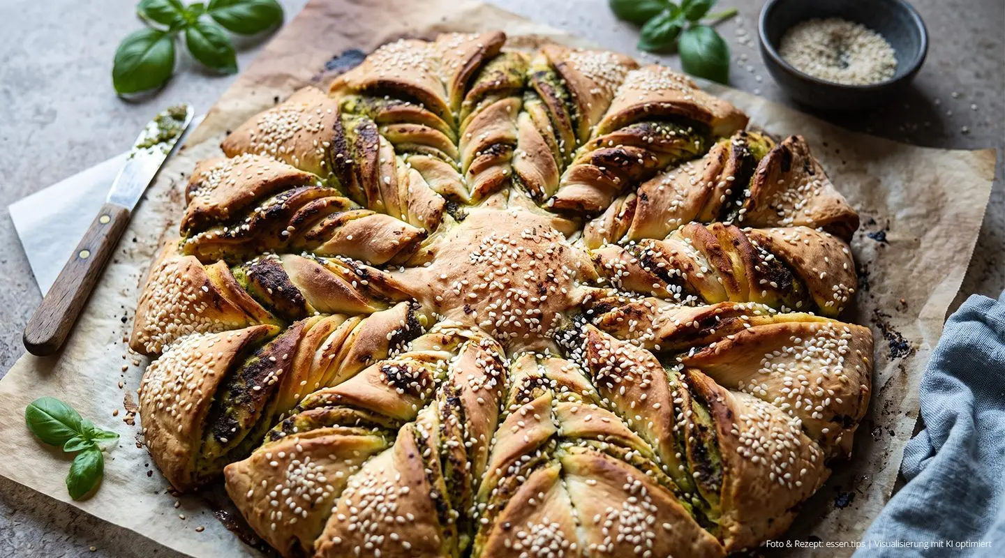 Frisch gebackenes, goldbraunes Sternbrot mit grünem Pesto und Sesam auf Backpapier, serviert mit frischem Basilikum.