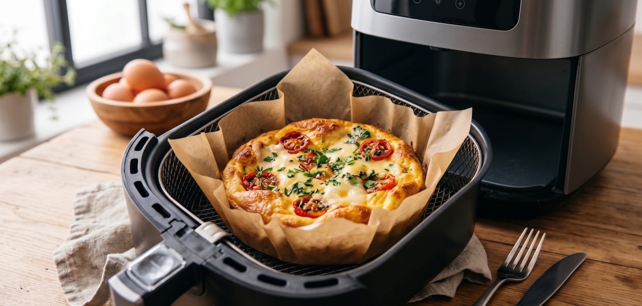 Saftiges Omelett im Airfryer gebacken mit geschmolzenem Käse und Kirschtomaten