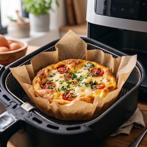 Saftiges Omelett im Airfryer gebacken mit geschmolzenem Käse und Kirschtomaten