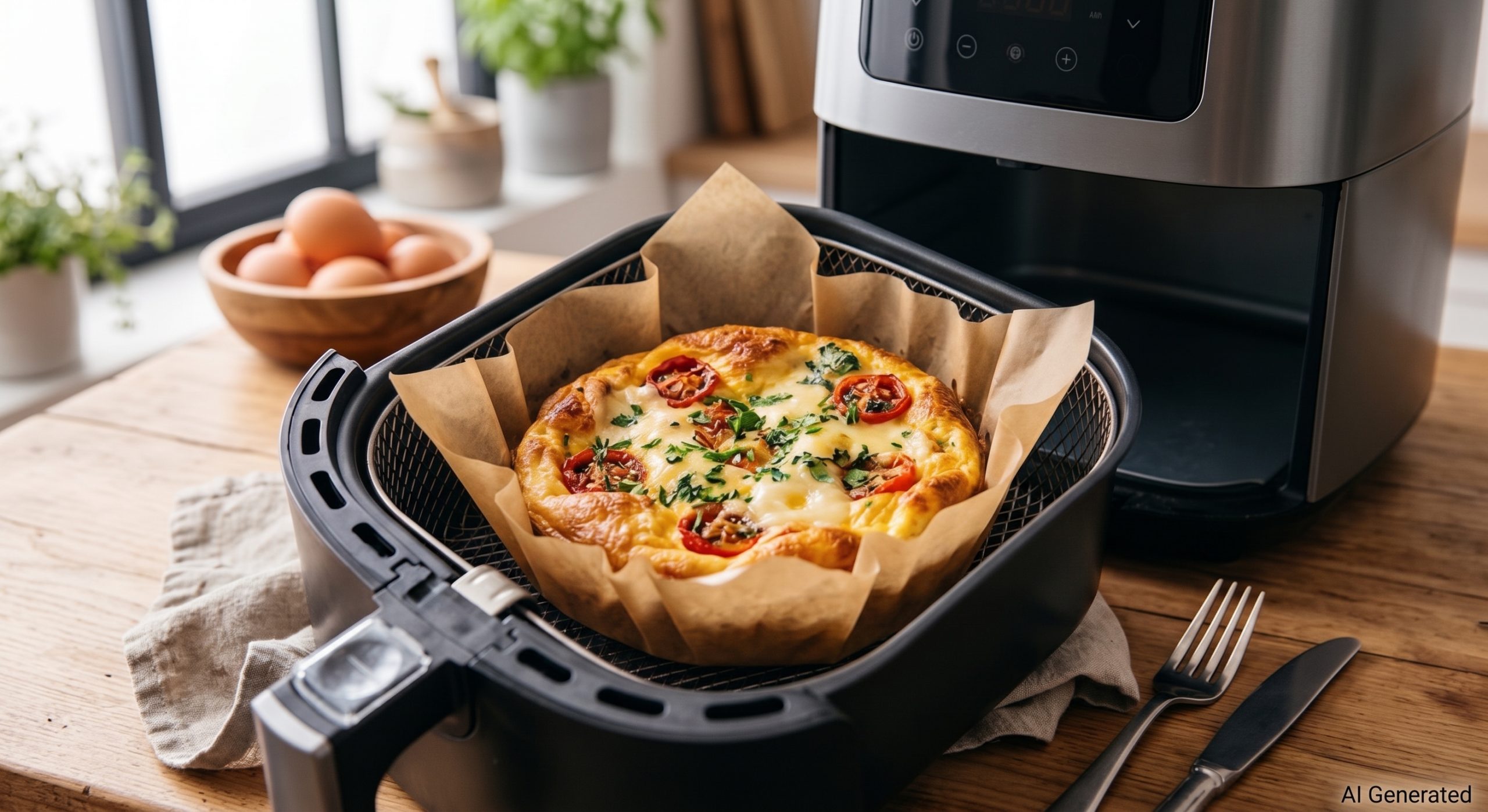 Saftiges Omelett im Airfryer gebacken mit geschmolzenem Käse und Kirschtomaten
