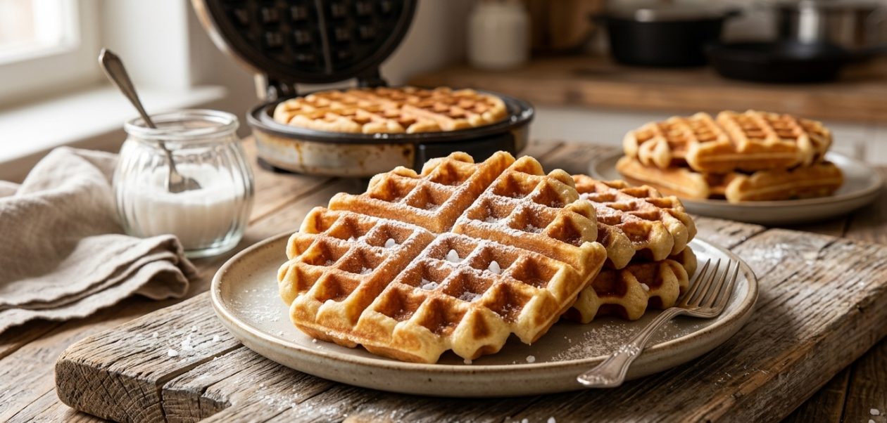 Frisch gebackene, goldbraune Belgische Waffeln mit Hefe auf einem Teller bestäubt mit Puderzucker.