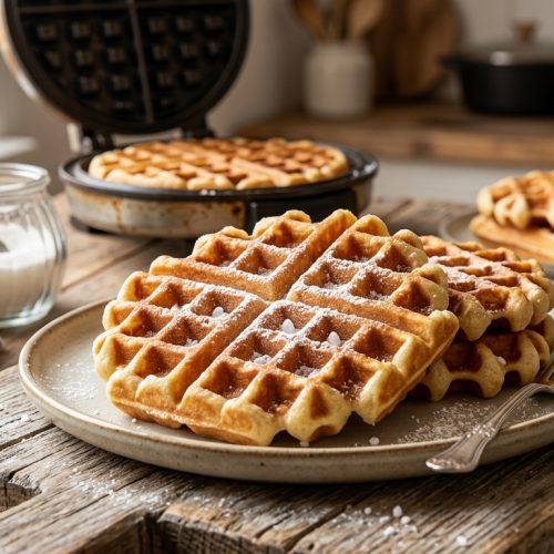 Frisch gebackene, goldbraune Belgische Waffeln mit Hefe auf einem Teller bestäubt mit Puderzucker.