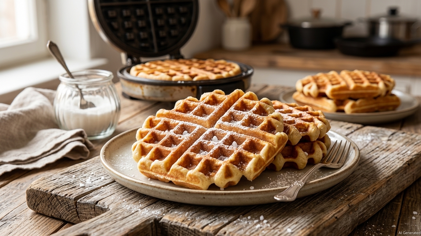 Frisch gebackene, goldbraune Belgische Waffeln mit Hefe auf einem Teller bestäubt mit Puderzucker.